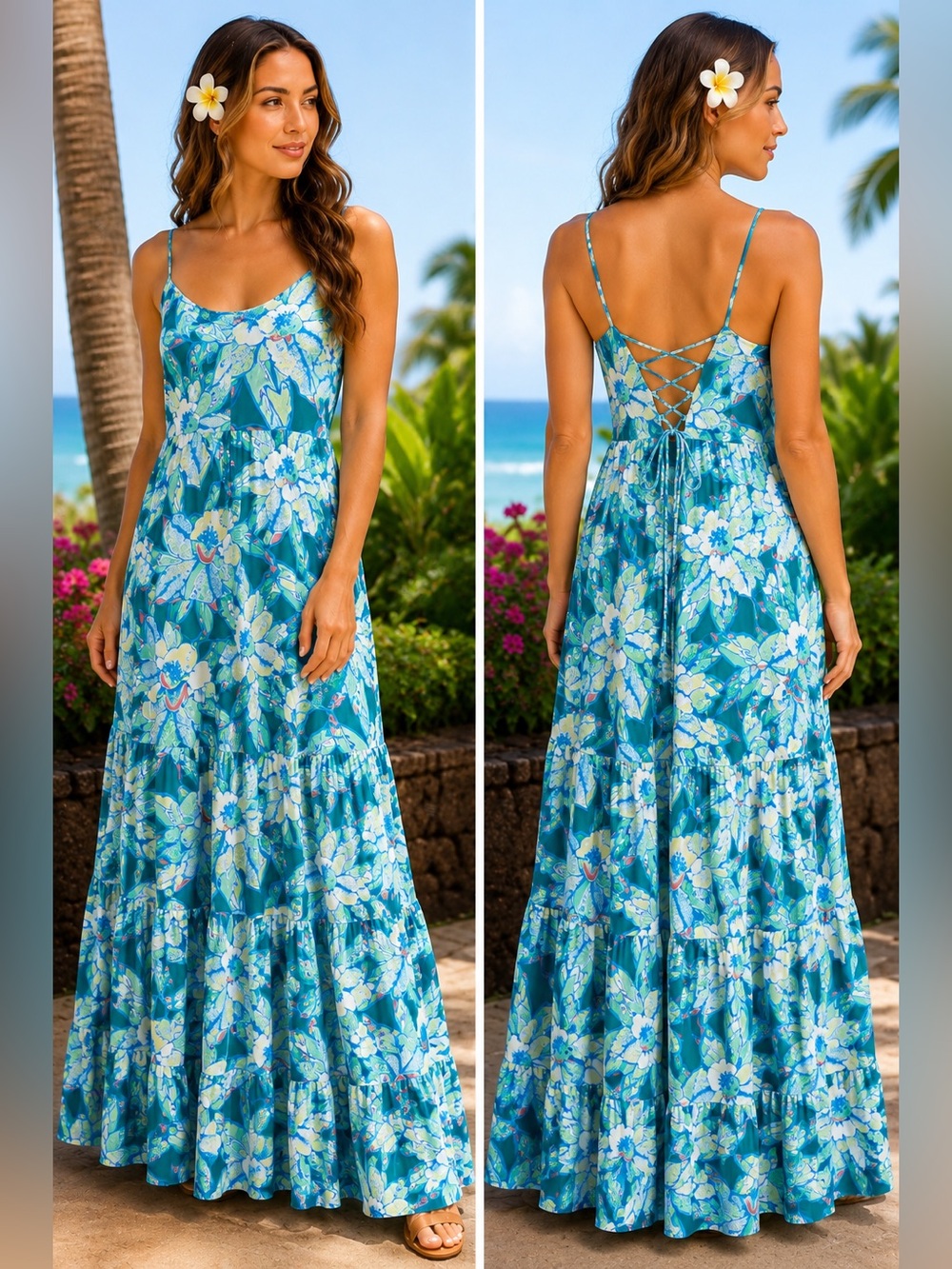 Vintage Rainbow Jo of Maui Hawaii Tropical Lace-Up Back Maxi Dress - S